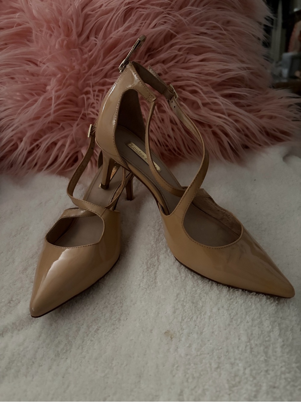 Louise et Cie Nude Patent Pointed T-Strap Heels